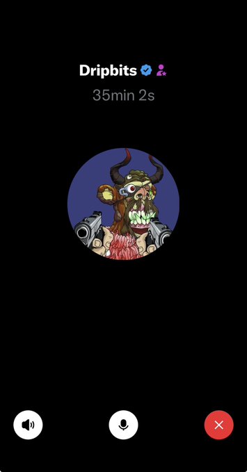 The image shows a Discord-style voice call screen with "Dripbits" as the participant name, a verified checkmark, and a call duration of 35min 2s. The profile picture features a cartoon zombie-like character with horns, which aligns with the post promoting Dripbits' lengthy and informative AMA session.
