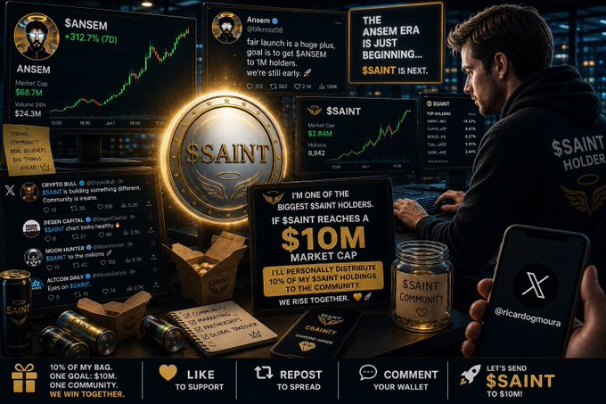 A promotional graphic for the Solana memecoin $SAINT shows a hooded figure at a workstation surrounded by trading charts, with text declaring "THE ANSEM ERA IS JUST BEGINNING... $SAINT IS NEXT" and displaying $ANSEM's +312.7% gain, alongside pledges like "IF $SAINT REACHES A $10M MARKET CAP" the creator will distribute 10% of holdings to the community, reinforcing the post's narrative of $SAINT as a community-driven Solana project poised to follow $ANSEM's breakout success.