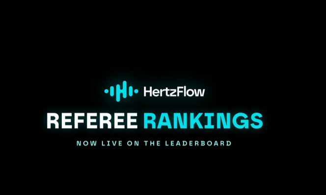 A sleek black promotional graphic featuring the HertzFlow logo alongside the text "REFEREE RANKINGS - NOW LIVE ON THE LEADERBOARD." The image highlights a leaderboard feature for HertzFlow, a self-custodial leverage protocol on BNB Chain.