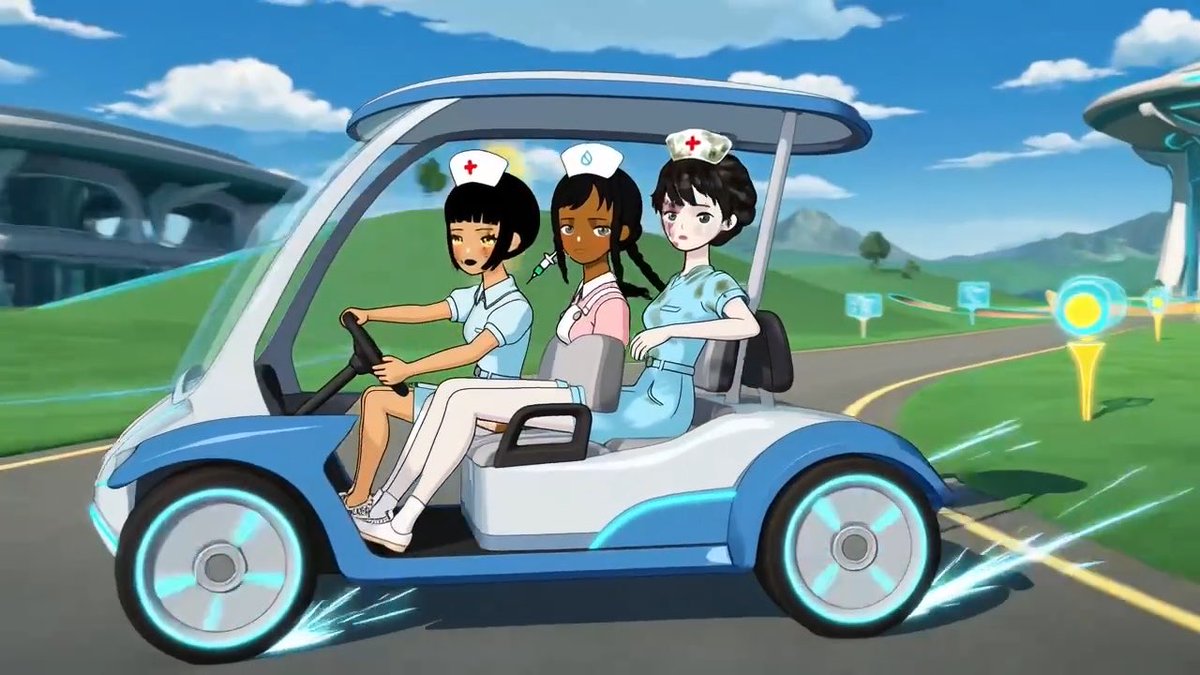 An anime illustration of three female nurses wearing traditional nursing caps riding in a futuristic blue and white golf cart on a paved path through a grassy landscape.