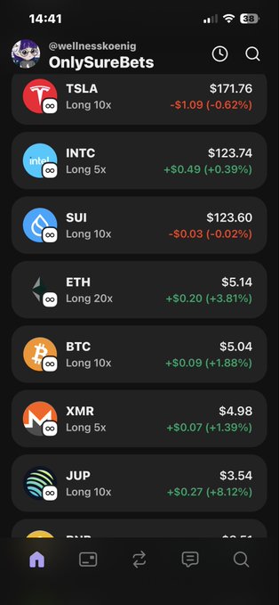 $INTC, $SUI, $JUP, $XR, $EHT, $LONG 10x, $TSLA, $STOCKBET, & $TSA are listed among other cryptocurrency symbols on this screenshot of a mobile device's stock trading app, which is named "OnlySureBets". The image also shows the time as $14:41 and the current value of the stocks displayed in the app.