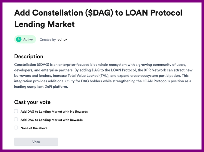 A banner image at the top of a blog post with the text "Add Community Proposal Alert A proposal has been submitted to add Constellation (DAG) to the LOAN Protocol Lending Market." The rest of the image includes details about the proposal, such as its purpose and the community involved.