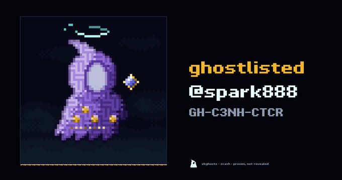 A pixel-art ghost character with a halo and gold stars, labeled 'ghostlisted' @spark888 with code GH-C3NH-CTCR.