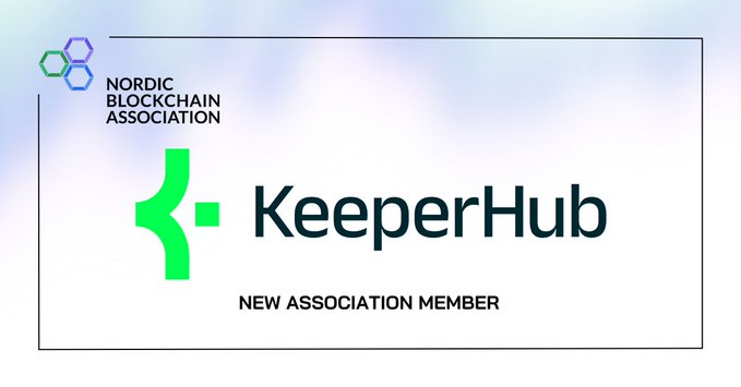 A promotional graphic announcing 'KeeperHub' as a new association member of the Nordic Blockchain Association.
