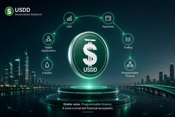 A promotional graphic for USDD (Decentralized Stablecoin) showing a glowing coin with the tagline 'Stable value. Programmable finance. A more connected financial ecosystem' and features like DeFi, Payments, Trading, Programmable Finance, Liquidity, and Digital Applications.