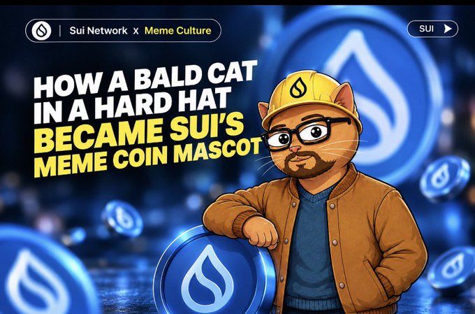 A promotional graphic titled 'HOW A BALD CAT IN A HARD HAT BECAME SUI'S MEME COIN MASCOT' featuring a cartoon cat character in a yellow hard hat and glasses, with 'Sui Network x Meme Culture' displayed at the top and 'SUI' button in the corner.