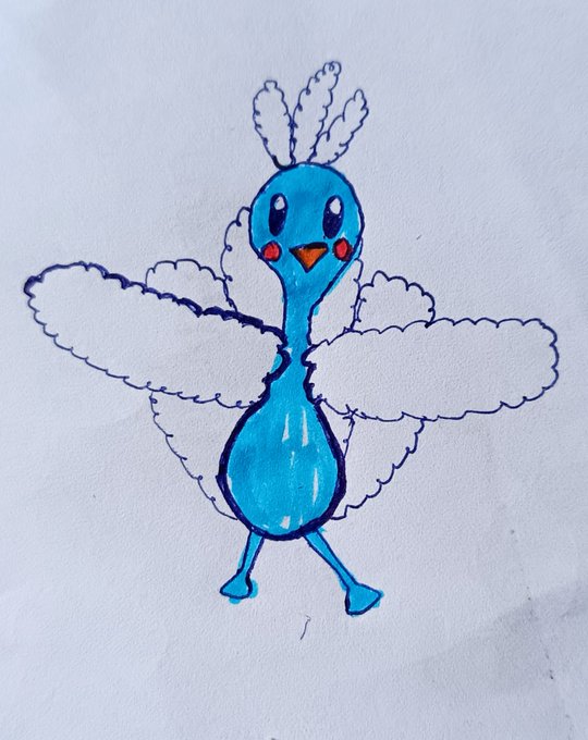 A hand-drawn illustration of a small blue bird-like creature with fluffy white wings and a tuft of feathers on its head.