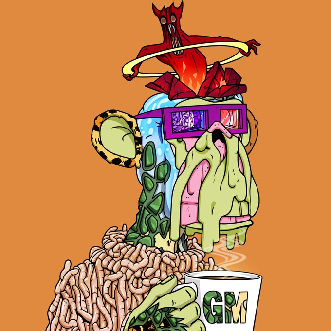 A colorful, surreal illustration featuring a red demon-like creature, a green melting face wearing purple sunglasses, and a bowl labeled 'GM' with noodles on an orange background.