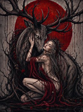 A woman gently touches the face of a large stag, kneeling amidst dark thorny branches with a blood-red moon in the background.