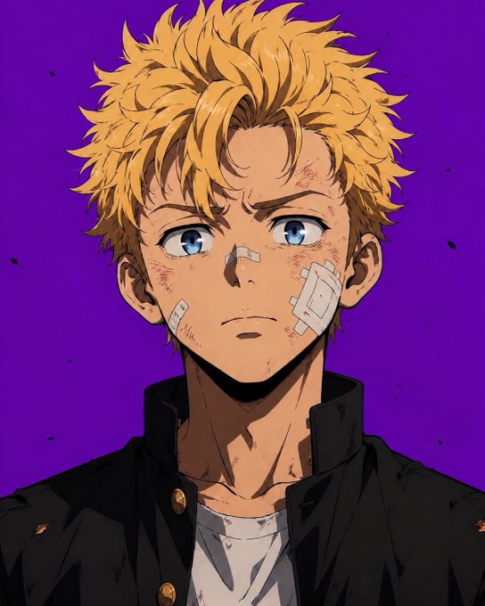 An anime-style illustration of a young man with messy blonde hair and blue eyes, featuring bandages on his face and dirt marks, wearing a black jacket over a white shirt against a purple background.