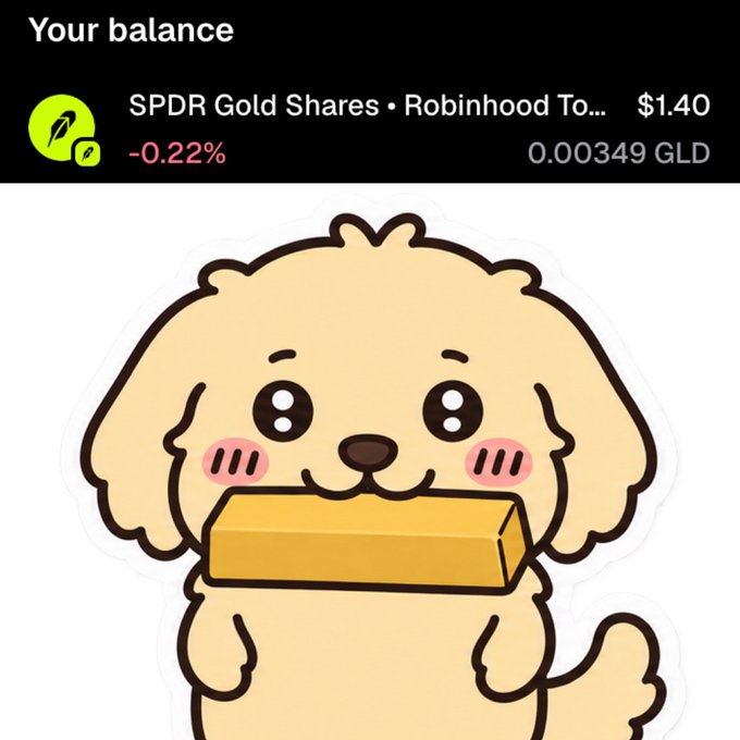 A Robinhood balance display shows SPDR Gold Shares at $1.40 (-0.22%, 0.00349 GLD) above an illustration of a cartoon dog holding a gold bar in its mouth.