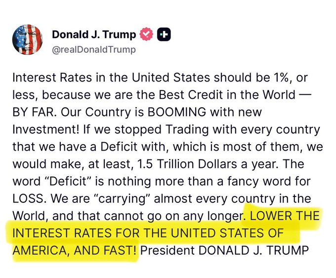 A screenshot of a Truth Social post from Donald J. Trump (@realDonaldTrump) demanding that U.S. interest rates be cut to 1% or less, with the highlighted phrase "LOWER THE INTEREST RATES FOR THE UNITED STATES OF AMERICA, AND FAST!" matching the accompanying breaking-news caption.