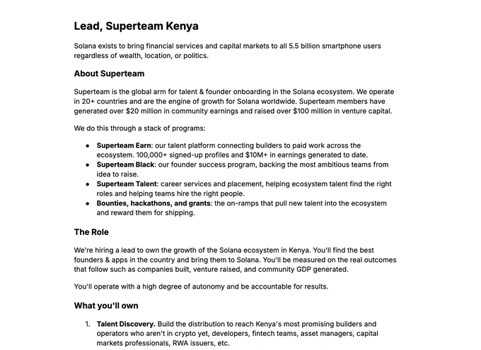 The image shows a white document with black text that reads "Lead,Superteam Kenya". The text also includes information about Solana's role as an accelerator for African startups and their focus on Africa.