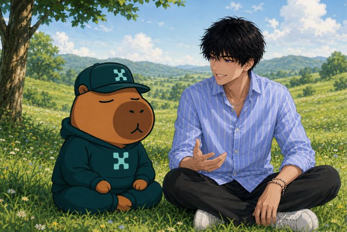 An anime-style illustration shows a smiling young man in a blue striped shirt sitting in a grassy field beside an anthropomorphic bear character wearing a hoodie and cap.