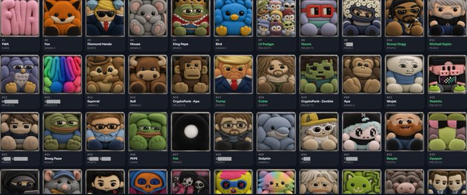 Grid of various collectible NFT-style character icons, including 'Shiba', 'Elon', 'Trump', 'Putin', and 'Zombie' with prices listed below each.