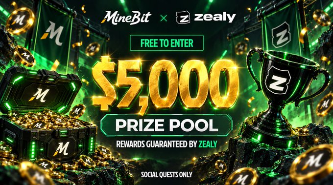A promotional graphic for the MineBit × Zealy Sprint contest featuring a "$5,000 PRIZE POOL" displayed in bold gold lettering, flanked by treasure chests filled with MineBit tokens and a championship trophy, with a "FREE TO ENTER" badge and "REWARDS GUARANTEED BY ZEALY" tagline—visually emphasizing the $5,000 giveaway, 200 winners, and social quests-only entry mentioned in the post.