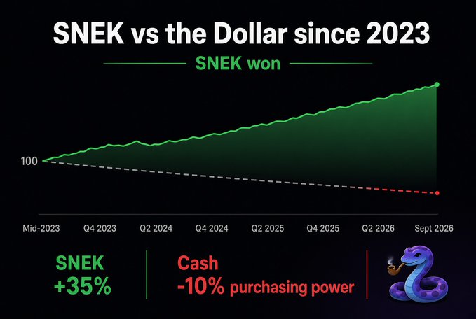 A financial chart titled 'SNEK vs the Dollar since 2023' showing SNEK up 35% in green and Cash down 10% purchasing power in red, with a cartoon snake smoking a pipe.