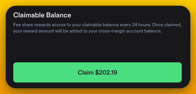 A "Claimable Balance" interface from Phoenix Trade showing a green "Claim $202.19" button, displaying the USDC fee share rewards earned from trading $306k in volume on BTC and Google pairs as mentioned in the post.