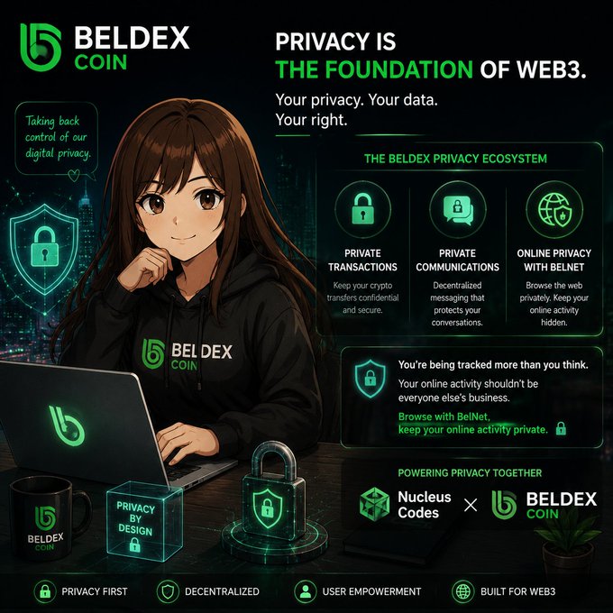 A promotional graphic for Beldex Coin featuring an anime-style woman wearing a Beldex hoodie working on a laptop, with the tagline 'PRIVACY IS THE FOUNDATION OF WEB3' and details about private transactions, communications, and online privacy features.