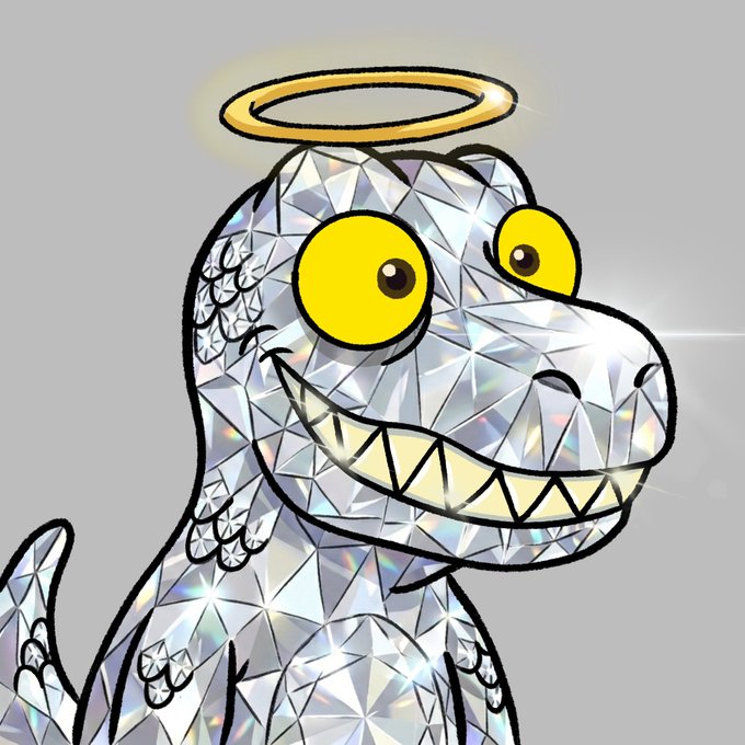 A cartoon illustration of a sparkling diamond-encrusted T-Rex with yellow eyes and a glowing golden halo floating over its head.