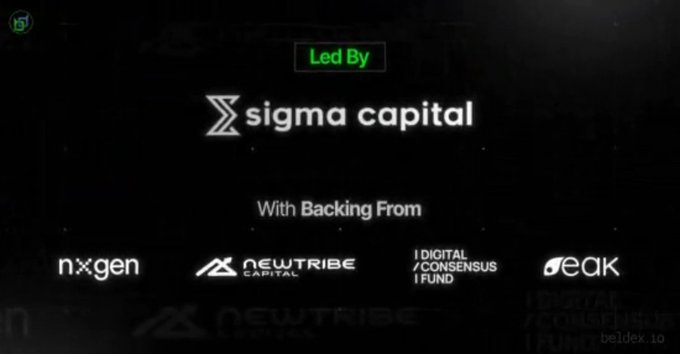 A sponsorship graphic showing 'Led By sigma capital' with backing from n×gen, NEWTRIBE CAPITAL, DIGITAL CONSENSUS FUND, and deak, with beldex.io watermark visible.