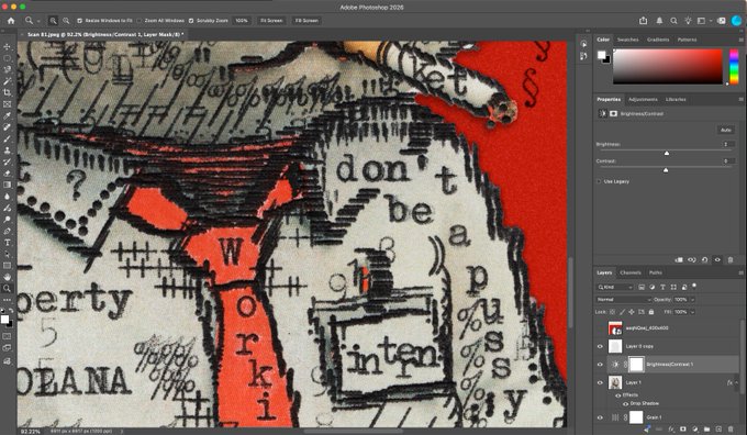 A screenshot of Adobe Photoshop 2026 showing a digital art piece with newspaper-textured elements, red accents, and the Adobe logo visible in the interface panels.