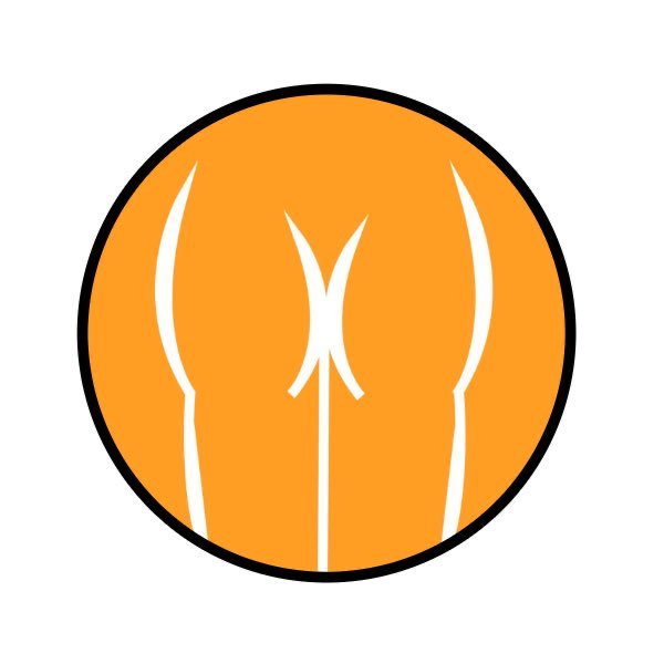 An orange circular emblem with a black border containing a white stylized trident or pitchfork-like symbol.