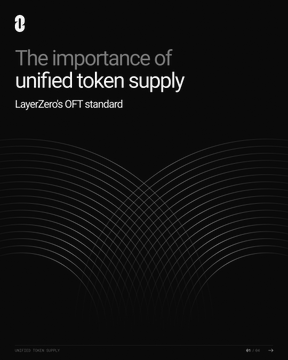 This image is a cover slide for "The importance of unified token supply" by LayerZero, highlighting their OFT standard for overcoming multi-chain complexities. It visually represents a "unified supply" through converging lines, contrasting with the potential for fragmentation described in the accompanying post.