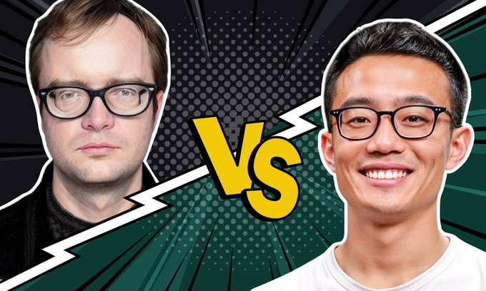 A 'VS' graphic featuring two men facing off — one on the left with light brown hair and black-framed glasses, and one on the right with dark hair, glasses, and a smile.