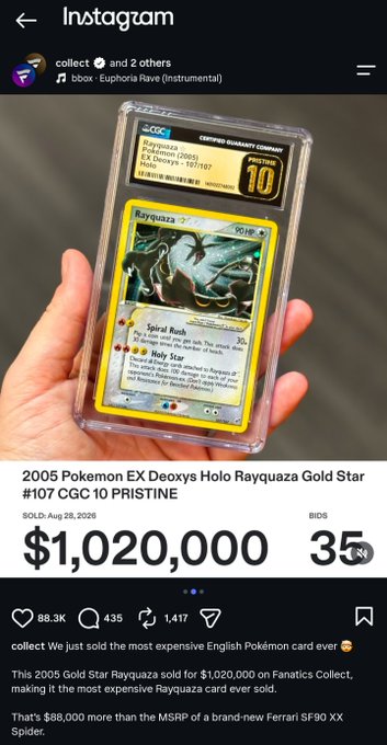 An Instagram screenshot shows a CGC-graded 2005 Pokemon EX Deoxys Holo Rayquaza Gold Star card that sold for $1,020,000, captioned '2005 Pokemon EX Deoxys Holo Rayquaza Gold Star #107 CGC 10 PRISTINE'.