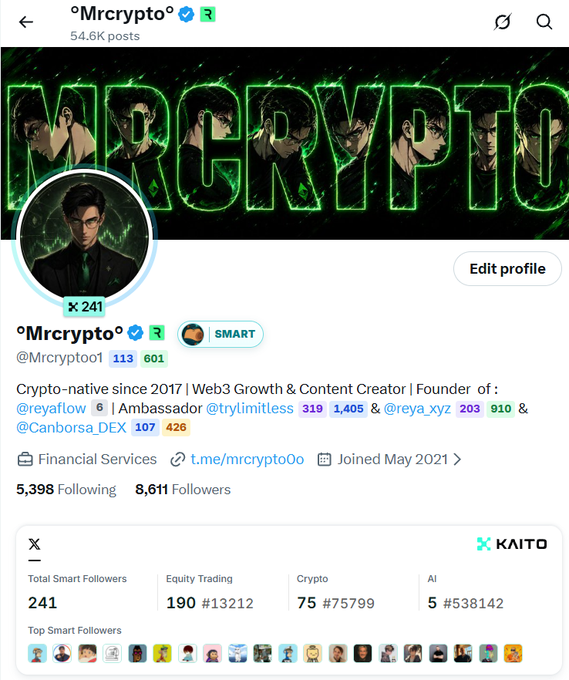 A X/Twitter profile for @Mrcrypto01 describes them as "Crypto-native since 2017 | Web3 Growth & Content Creator | Founder of : @reyaflow" with 8,611 followers.