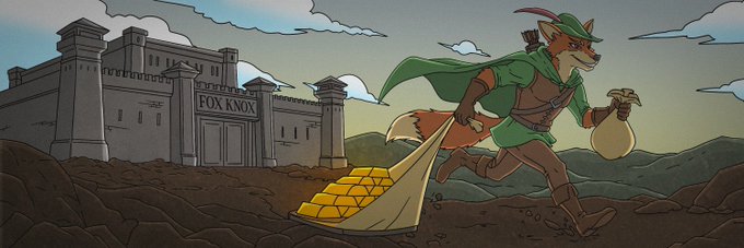 A cartoon illustration depicting an anthropomorphic fox dressed as Robin Hood (in green tunic and feathered cap), running with a bag of coins while dragging a sack of gold bars. In the background is a fortress building labeled 'FOX KNOX'.
