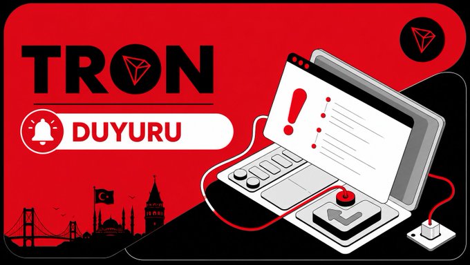The image displays "TRON DUYURU" with an alert bell, a laptop showing an exclamation mark and bullet points, and a cityscape representing Istanbul. This visually announces upcoming TRON network upgrades and related proposal votes.