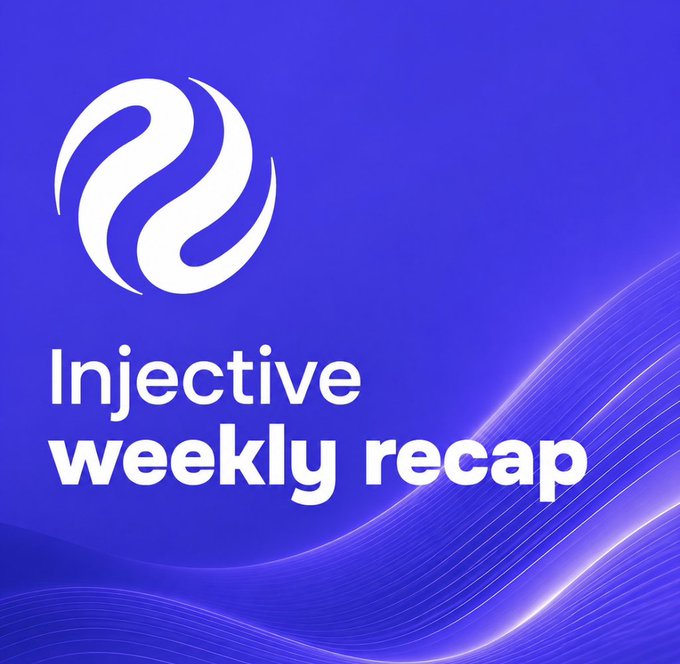 A blue graphic with the Injective logo and text reading 'Injective weekly recap,' featuring flowing wave designs.
