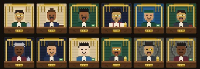 A grid of 11 pixel-art character portraits featuring various men with different skin tones, hairstyles, and facial hair, some wearing suits and nameplates.
