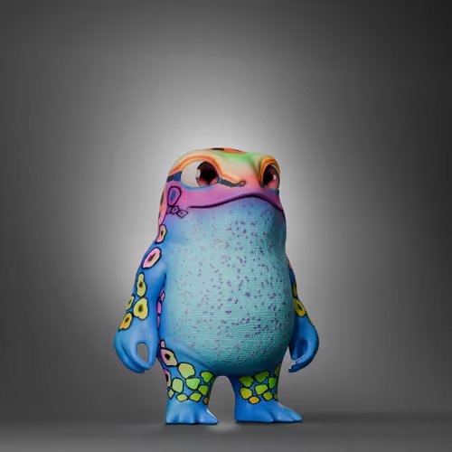 A small, colorful 3D-rendered monster figure with a blue textured body and multicolored spots stands against a gray backdrop.