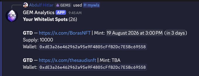 A Discord message from the 'GEM Analytics' app displays 'Your Whitelist Spots (26)', listing upcoming NFT mints including 'GTD - BorasNFT' with a supply of 10000 and 'GTD - thesaudisnft'.