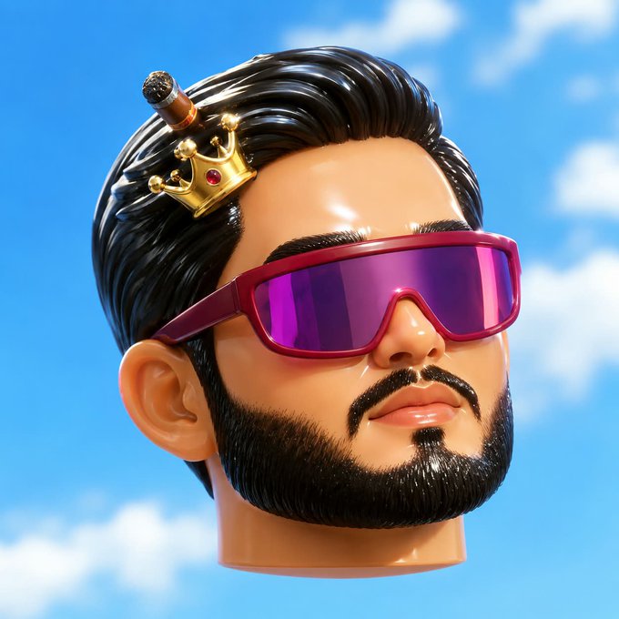 A 3D rendered illustration of a stylized man's head with slicked-back black hair, a beard, purple-tinted sunglasses, a small gold crown clipped in his hair, and a cigar, set against a bright blue sky with clouds.