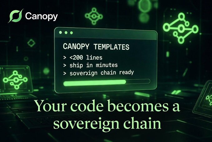 A promotional graphic for 'Canopy' featuring a dark green tech-themed background, highlighting 'CANOPY TEMPLATES' with features like '<200 lines', 'ship in minutes', and 'sovereign chain ready', with the tagline 'Your code becomes a sovereign chain'.