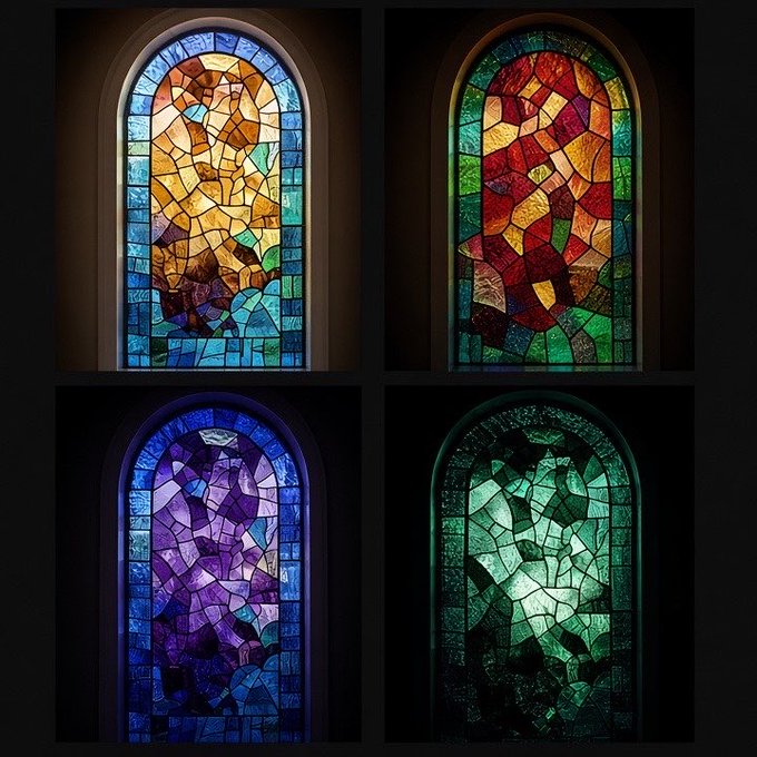 Four arched stained-glass windows are displayed in a grid, featuring colorful mosaic designs in blue/yellow, red/orange/green, purple, and green tones.