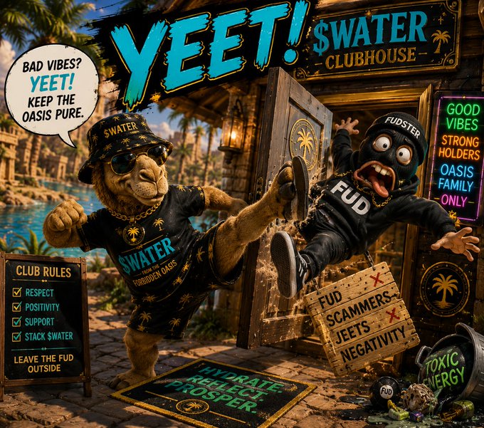 A colorful crypto meme titled "YEET! $WATER CLUBHOUSE" depicting a lion in a $WATER shirt kicking away a "FUDSTER" character, with various signs promoting the $WATER token and "good vibes".