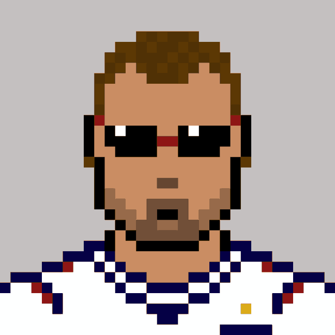 A pixel art portrait of a man with brown hair, a beard, and black sunglasses, wearing a patterned blue and white top against a white background.