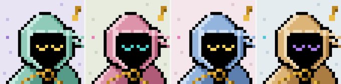 Four pixel-art hooded figures, each wearing a cloak in a different color—teal, pink, blue, and tan—with glowing yellow eyes set against matching pastel backgrounds, representing the character variations from the Chain Dancers NFT collection, which the post highlights as a music-powered NFT project on Robinhood App.