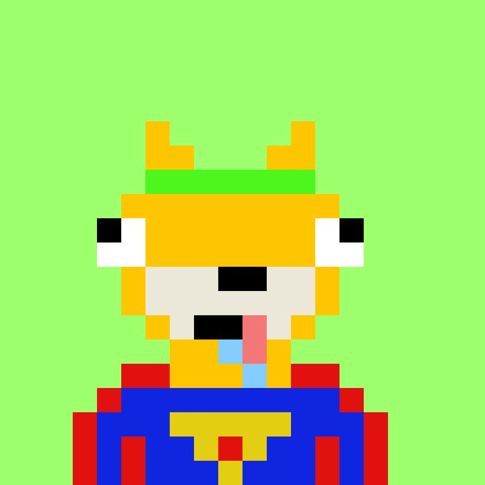 A pixel art illustration of a yellow, fox-like character with large eyes, wearing a red shirt and blue overalls against a solid green background.