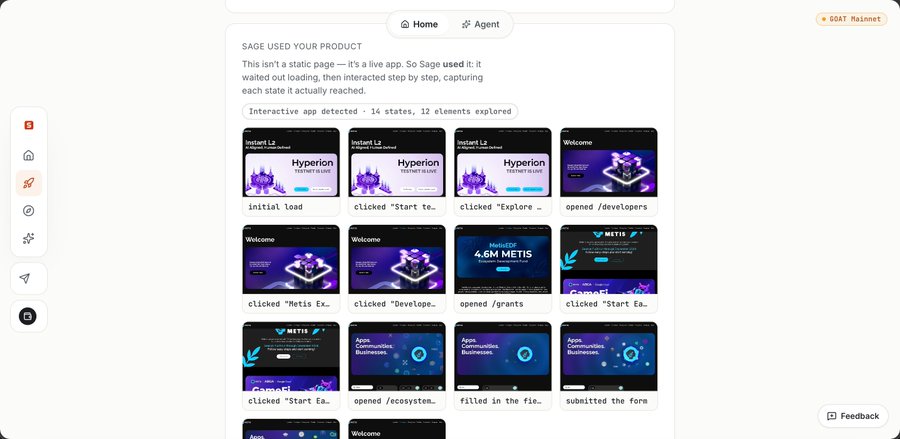 A user interface dashboard titled 'SAGE USED YOUR PRODUCT' showing an interactive app walkthrough with states like 'Initial load', 'clicked Start te...', and 'opened /developers' for the Hyperion Testnet by Metis.