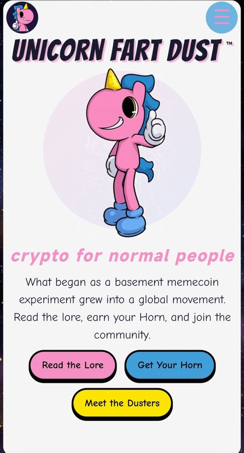 A mobile website screenshot for 'UNICORN FART DUST™' featuring a cartoon character and the tagline 'crypto for normal people', with buttons to 'Read the Lore', 'Get Your Horn', and 'Meet the Dusters'.