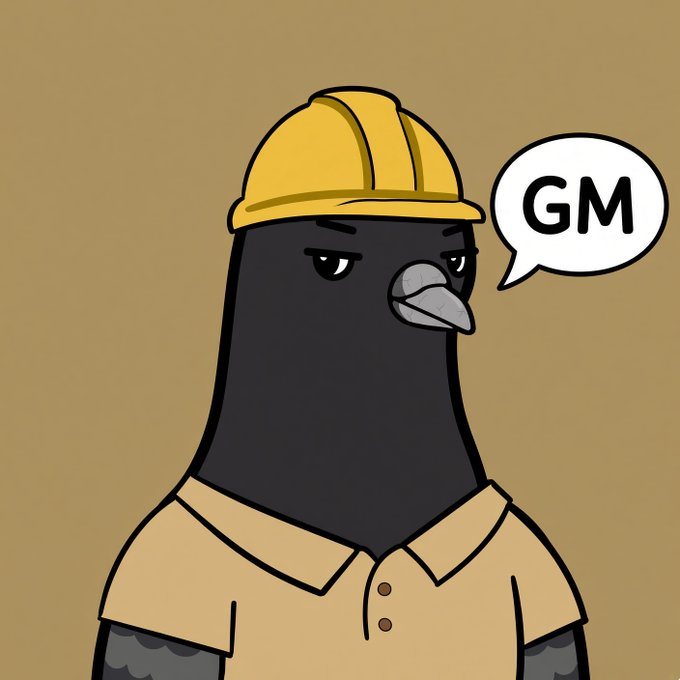 A cartoon illustration of a black pigeon wearing a yellow hard hat and tan shirt with a speech bubble reading 'GM'.