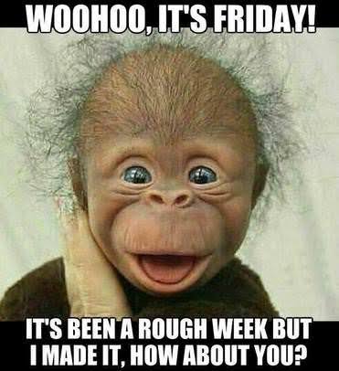 A 'WooHoo, It's Friday!' meme featuring a smiling orangutan baby with text reading 'IT'S BEEN A ROUGH WEEK BUT I MADE IT, HOW ABOUT YOU?'