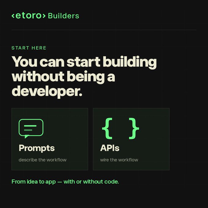 A dark-themed eToro Builders landing page featuring the text 'You can start building without being a developer' along with two cards labeled 'Prompts' and 'APIs' for workflow creation.