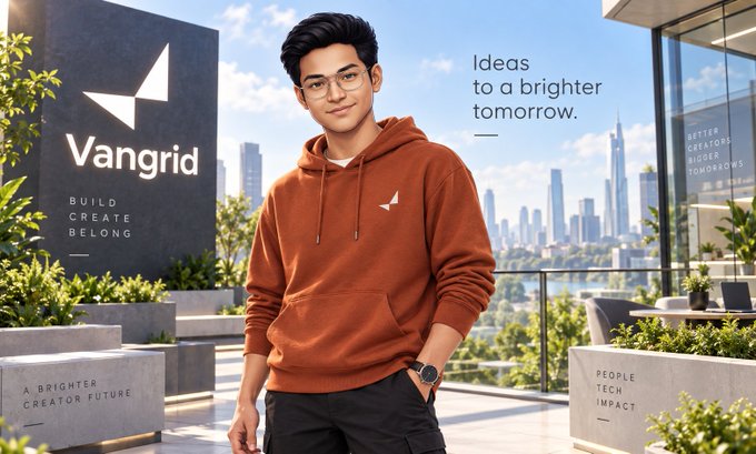 A young man wearing glasses and a rust-colored Vangrid hoodie stands on a modern balcony with a city skyline behind him, next to text reading 'Ideas to a brighter tomorrow.'